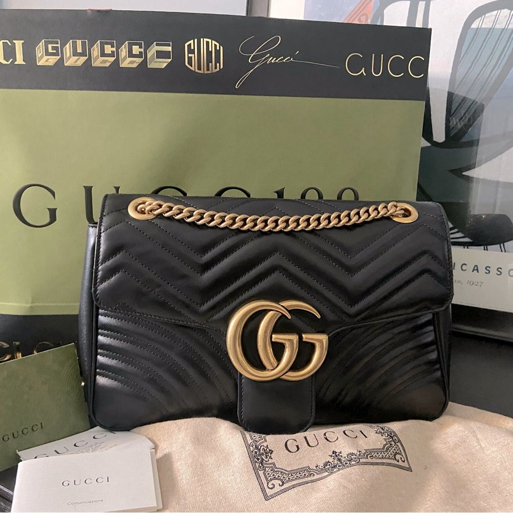 Gucci med black Marmont Matelassé chain strap bag bundle with GG Sandals size 9